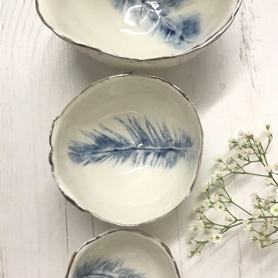 Trio of blue feather bowls handcrafted out of beautiful porcelain