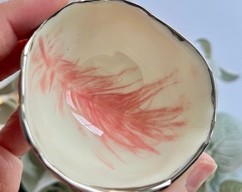 Pink small  Feather Bowl in Porcelain with platinum rim, Birthday Present for Mum, Trinket Dish, Boho Valentine's, Nature Inspired present