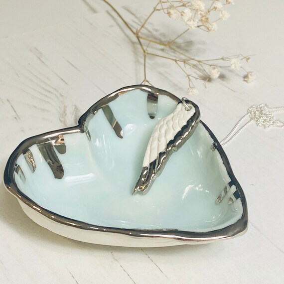 Porcelain Angel Wing Necklace with Real Platinum Lustre and Sterling Silver Chain / Boho Jewellery / Ceramic Pendant