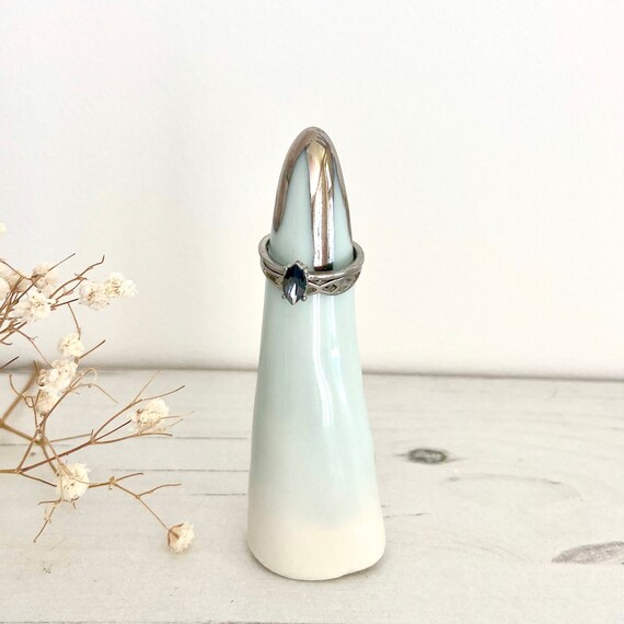 Pale turquoise Ring Cone in Porcelain with Platinum Detail Drips / Ring Holder / Jewellery Storage