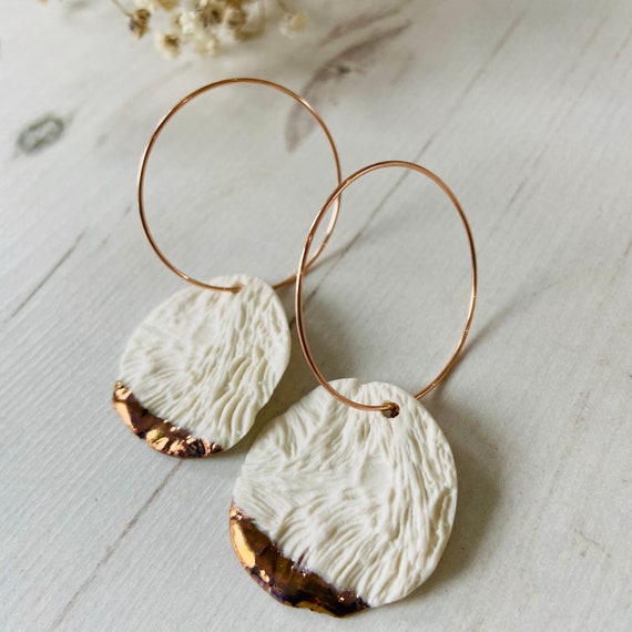 Organic Textured Porcelain earrings on Rose Gold Hoops - Porcelain Jewellery - Gift for Her