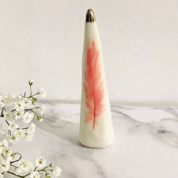 Pink Boho Feather Ring Cone in Porcelain with Platinum Detail