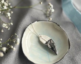 Platinum Boho Feather Necklace handmade in Porcelain on a sterling silver chain, Anniversary Present, Birthday Gift, Nature Inspired