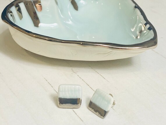 Small Pale Turquoise textured Studs with Platinum Stripe