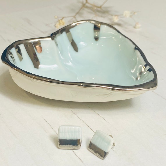 Turquoise glazed Porcelain Heart shape Ring Dish with Platinum Drip details