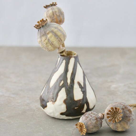 Textured Porcelain Bud Vase with Black-Bronze Glaze