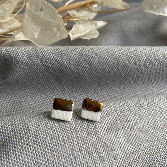 Copper and Porcelain Square Studs /Geometric Earrings / Porcelain Jewellery /