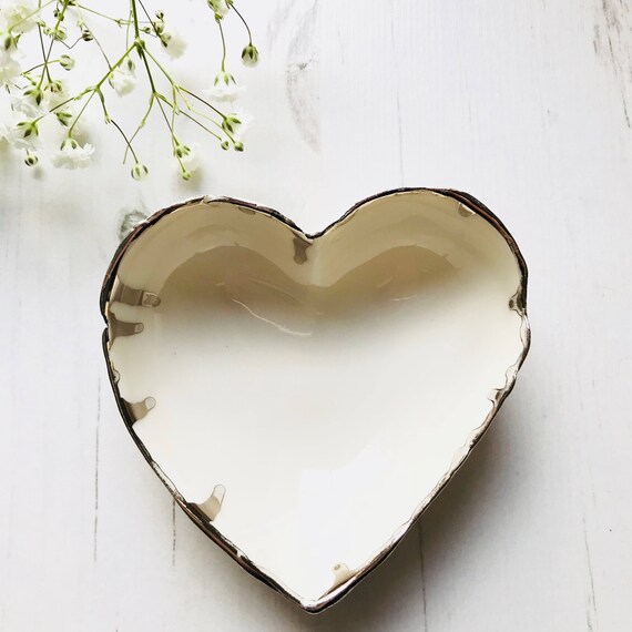 Heart shaped porcelain Ring Dish with real platinum lustre on the rim