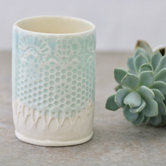 Lace design Porcelain Mini-Planter in Turquoise glaze