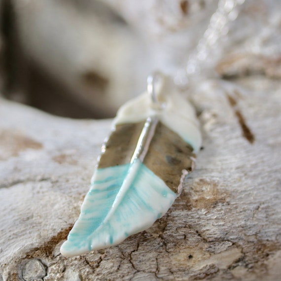 Boho Feather Necklace in Porcelain with Turquoise and Platinum Chevron detail on a sterling silver chain ** SOLD but can be Made-to-Order **