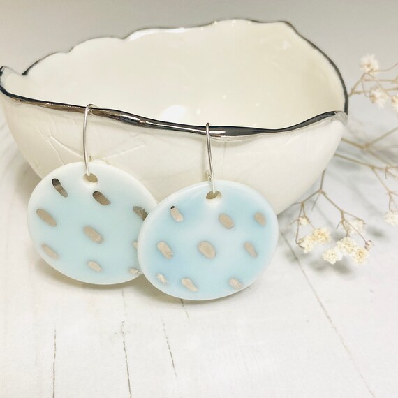 Platinum Dash Porcelain Earrings with Turquoise Glaze on Sterling Silver Hooks