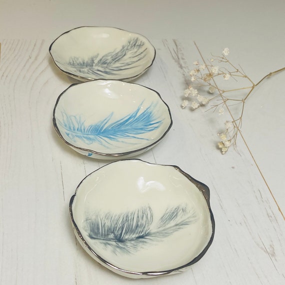 Feather Ring Dish in Porcelain with Platinum Rim - Jewellery Holder - Trinket Bowl - Catchall