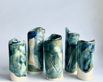 Dark blue and green layered glazes Porcelain  Vase / Flower Holder / Small Vase/ Handbuilt porcelain vase