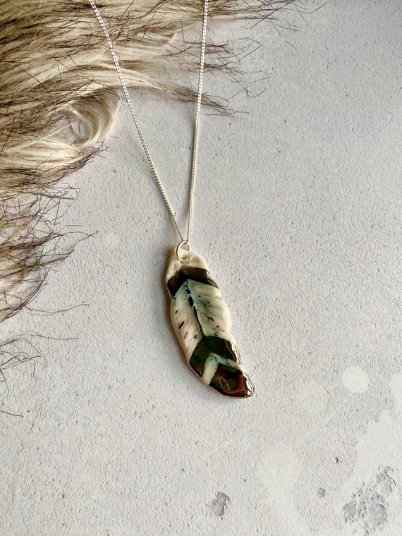 Light Blue Feather pendant with platinum chevron design, Porcelain Jewellery, Gift for Her
