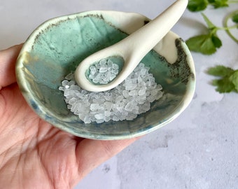 Dip bowl and mini spoon set handcrafted out of porcelain layered with blue and green glaze - Tapas Bowl - Olive Bowl