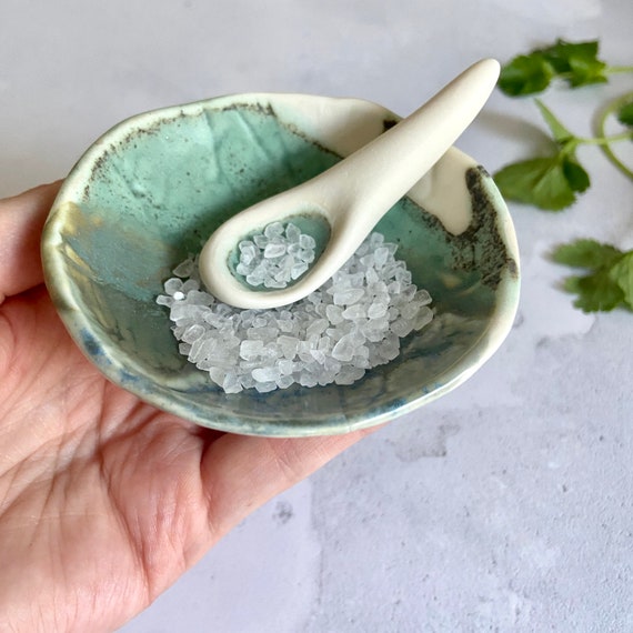 Dip bowl and mini spoon set handcrafted out of porcelain layered with blue and green glaze - Tapas Bowl - Olive Bowl