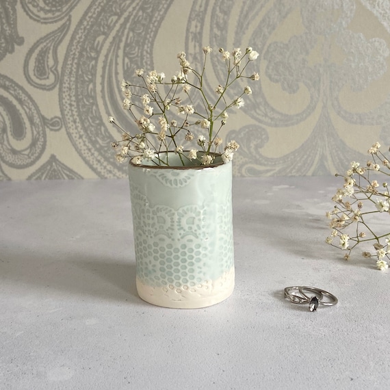 Pale Turquoise Lace Mini Planter in Porcelain with Platinum Rim - Flower Holder - Desk Tidy - Cactus Pot