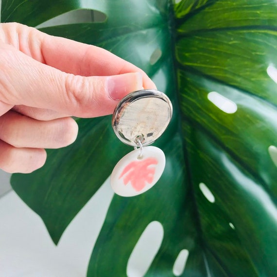 Pink Monstera Leaf Dangle Porcelain and Platinum Earrings