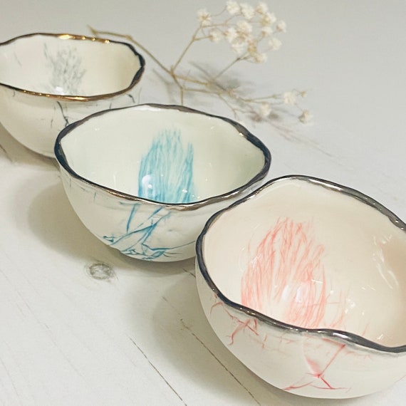 Pink Small Feather Bowl with Platinum Rim / Small Decorative Bowl / Gift for Her