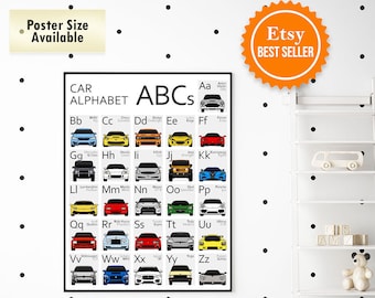 ABC Alphabet Car Nursery Car Poster Children and Kids, Covering A to Z, Educational Preschool Toddler Car Print Wall Art BX4 (Unframed)