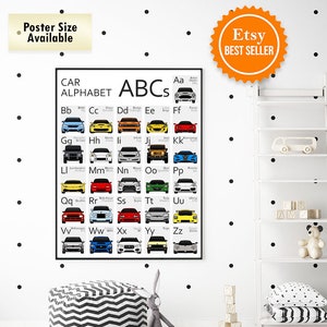 Póster de coche con alfabeto ABC para guardería de niños y niñas, de la A a la Z, impresión educativa de coche para niños en edad preescolar, arte de pared BX4 (sin marco)