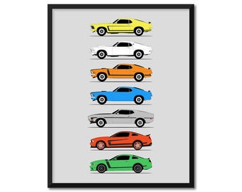 Ford Mustang Boss Car Poster (Side Profile) Print Wall Art Decor Boss 302 351 429 Generations History Evolution AX1 (Unframed)