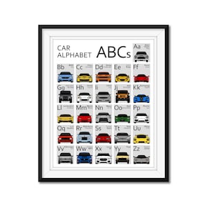 Car Nursery ABC Alphabet Car Poster Print Wall Art for Babies and Kids, 26 Vehicles Covering A to Z BX4 (Unframed)