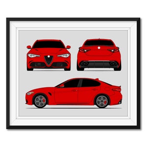 Alfa Romeo Giulia Quadrifoglio 952 (2016-Present) (Front, Rear, Side) (Landscape) Inspired Car Poster Print Wall Art DX3 (Unframed)