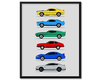 Ford Mustang Mach 1 Car Poster (Side Profile) Print Wall Art Decor SN95 S197 S550 Generations History Evolution AX1 (Unframed)