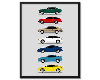 Toyota Celica Car Poster (Side Profile) Print Wall Art Decor of Toyota Celica Generations History Evolution AX1 (Unframed)