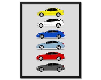 Lexus IS Car Poster (Side Profile) Print Wall Art Decor of Lexus IS F 200 250 300 350 500 F Generations History Evolution AX1