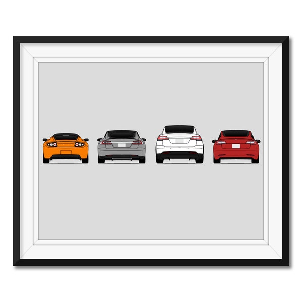 Tesla Car Poster Print of the Rear View Tesla Generations: Tesla Model S, Tesla Model 3, Tesla Model X, Tesla Roadster AX4 (Unframed)