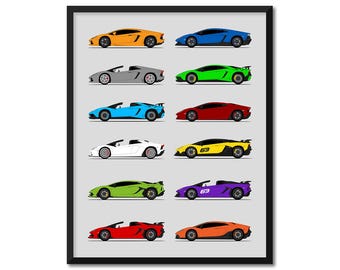 Lamborghini Aventador Car Poster (Side Profile) Print of Lamborghini LP 700-4 Roadster 50th SVJ Generations History Evolution AX1