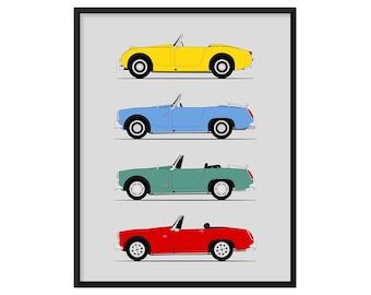 Austin Healey Sprite Car Poster (Side Profile) Print Bugeye Frogeye MK i ii III IV Generations History Evolution AX1 (Unframed)