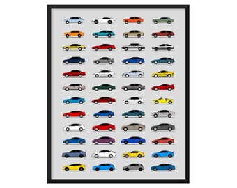 Toyota Car Poster (Side Profile) Print Wall Art Decor of the Best of Toyota Generations History Evolution AX1 (Unframed)