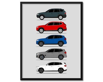 BMW X3 Car Poster (Side Profile) Print Wall Art Decor of BMW X3 M E83 F25 G01 F97 G45 Generations History Evolution AX1