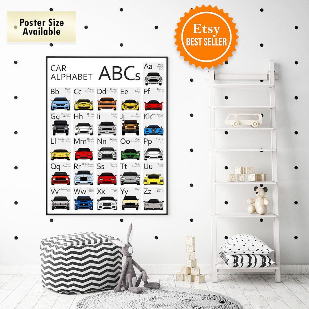 ABC Alphabet Car Nursery Car Poster Children and Kids, Covering A