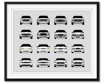 Ford Mustang Generations (Landscape) Inspired Car Poster Print Wall Art Decor of the History and Evolution the Ford Mustang AX1 (Unframed)