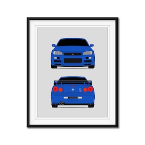 Nissan Skyline GT-R R34 (1998-2002) (Front and Rear) Fast and Furious Inspired Car Poster Print Wall Art Paul Walker CX1 (Unframed)