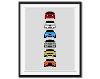 BMW M3 Inspired Car Poster Print Wall Art History and Evolution M3 Generations BMW Car Models: E30, E36, E46, E92, F80, G80 AX1 (Unframed)