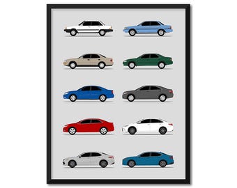 Toyota Camry Car Poster (Side Profile) Print Wall Art Decor of Toyota Camry Generations History Evolution AX1 (Unframed)