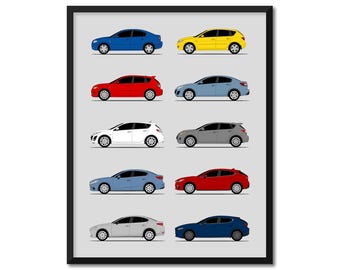 Mazda 3 Car Poster (Side Profile) Print Wall Art Decor of Mazda 3 Bk BL BN BM Bp Generations History Evolution AX1