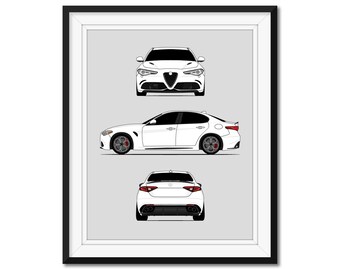 Alfa Romeo Giulia Quadrifoglio 952 (2016-Present) (Front, Side, Rear) Car Poster Print Wall Art (Speciale Veloce) DX3 (Unframed)