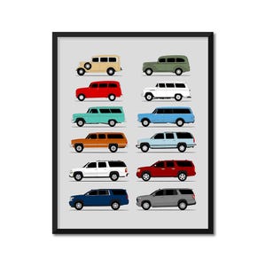 May include: A framed print featuring a collection of vintage and modern SUVs in various colors. The vehicles are depicted in a flat, illustrative style, showcasing a range of designs from classic to contemporary. The color palette includes red, blue, green, and neutral tones.