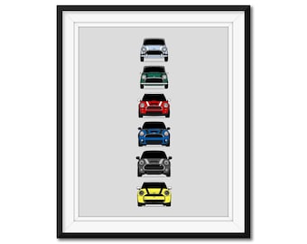 Mini Cooper Generations Car Poster Print Wall Art History and Evolution (British Austin Morris Mini) AX1 (Unframed)