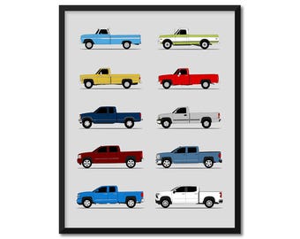 Chevy Silverado Inspired Car Poster (Side Profile) Print Wall Art Decor of Chevy Silverado Generations History Evolution AX1