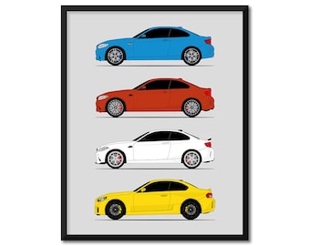 BMW M2 Generations Car Poster (Side Porfile) Print Wall Art of the History and Evolution of the BMW M2 F87 G87 AX1 (Unframed)