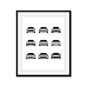Chevy Corvette Generations (C1 C2 C3 C4 C5 C6 C7 C8) Car Poster Print Wall Art History Evolution Chevrolet Corvette AX1 (Unframed)