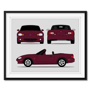 May include: Framed print of a maroon convertible car, shown from the front, rear, and side. The car has black wheels and a black convertible top. The background is a light grey.