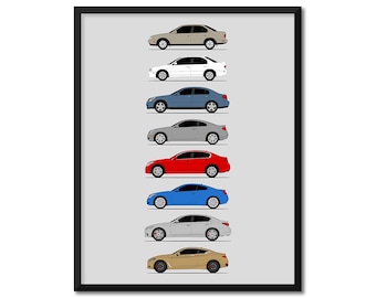 Infiniti G and Q Series Inspired Car Poster (Side Profile) Print Wall Art Infiniti G20T G35 G37 Q50 Q60 Generations History Evolution AX1